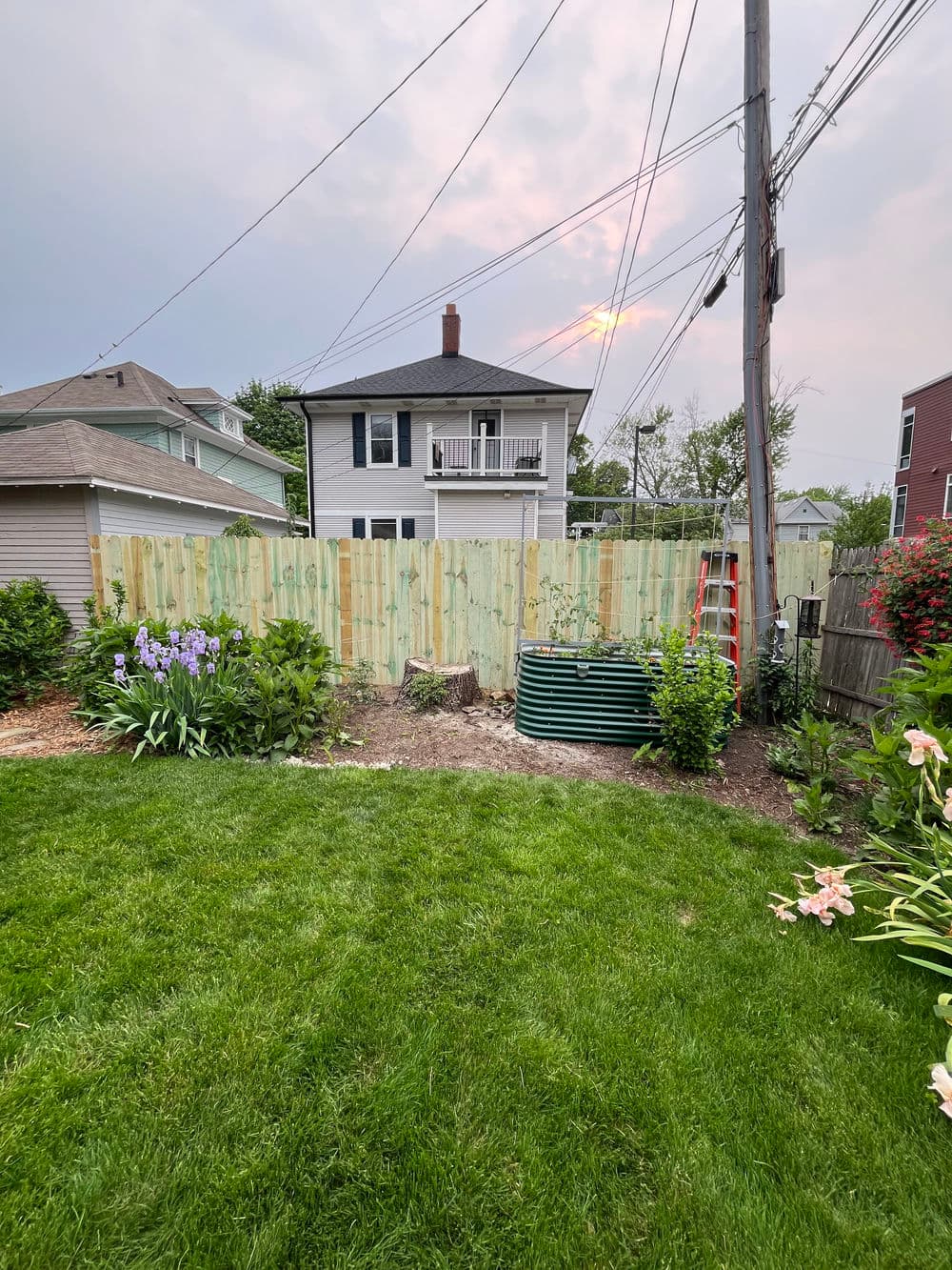 Lush green backyard with a wooden fence, house, flowers, and sunset in the background.