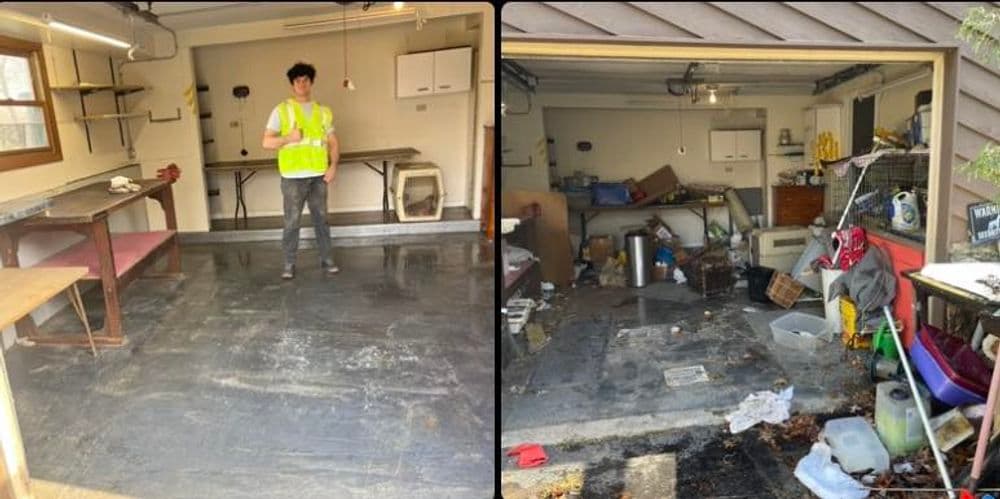 Before and after garage cleanup showing a person in a safety vest and cluttered to tidy space.
